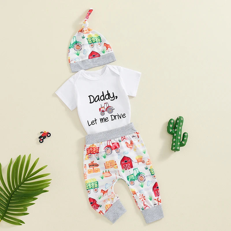 Baby Boys 3Pcs Daddy Let Me Drive Letter Print Short Sleeve Romper Farm Barn Tractor Print Long Pants Hat Outfit Set