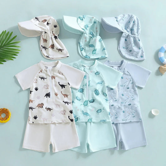 Baby Toddler Boys 3Pcs Rash Guard Swimsuit Short Sleeve Dinosaur Print Top Swim Shorts Hat Swimwear Three Piece Set