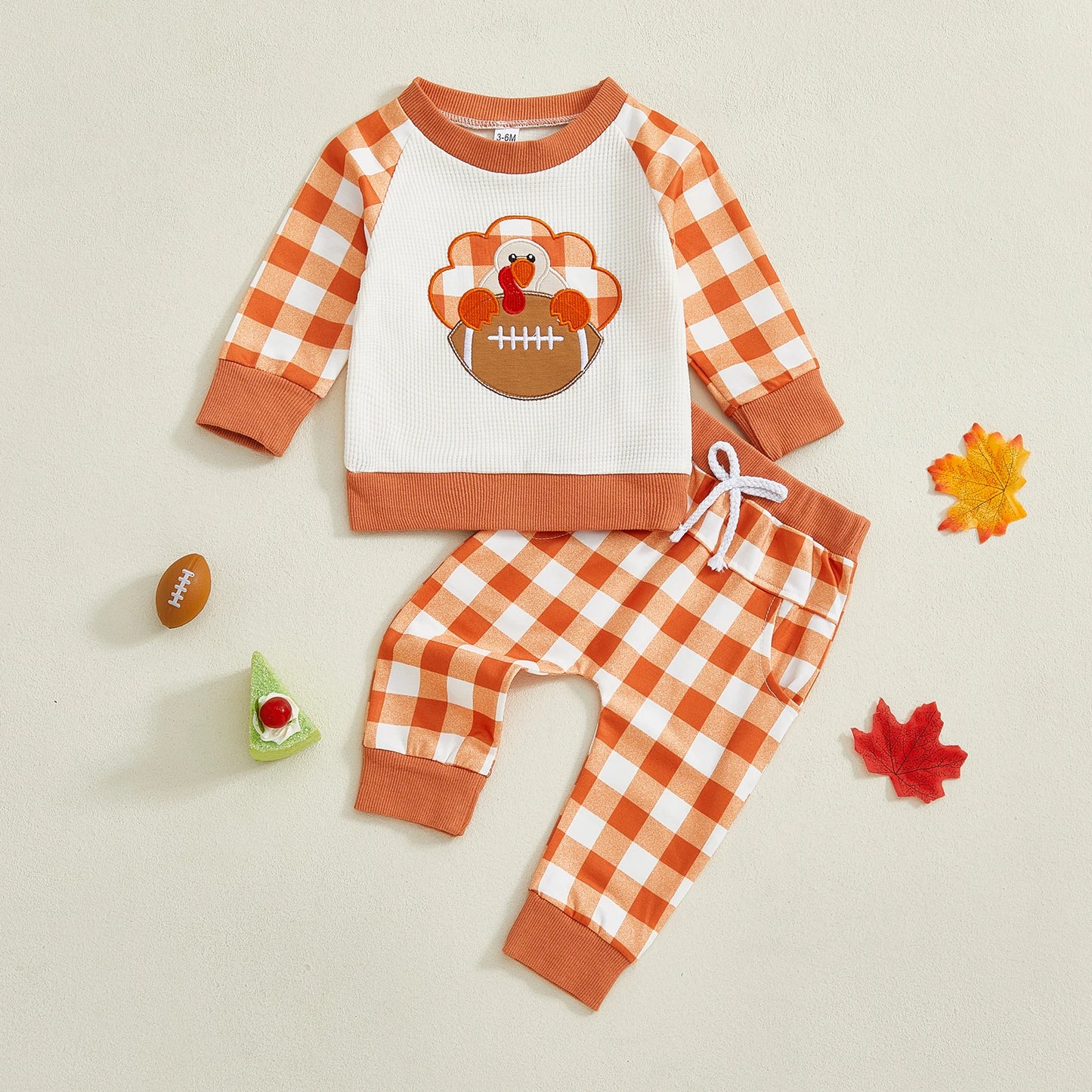 Baby Toddler Boys 2Pcs Plaid Jogger Set Fall Turkey Football Pattern Long Sleeve Round Neck Pullover Top Pants Thanksgiving Outfits