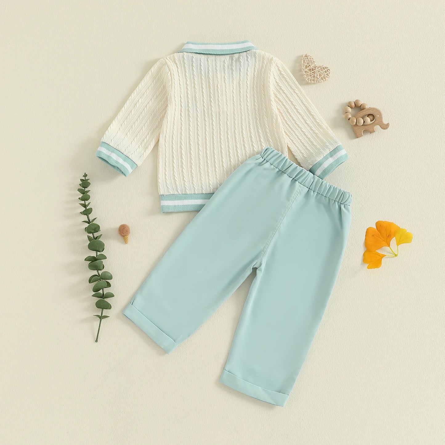 Baby Toddler Boys 2Pcs Fall Outfit Long Sleeve Bear Embroidery Lapel Top + Pants Set