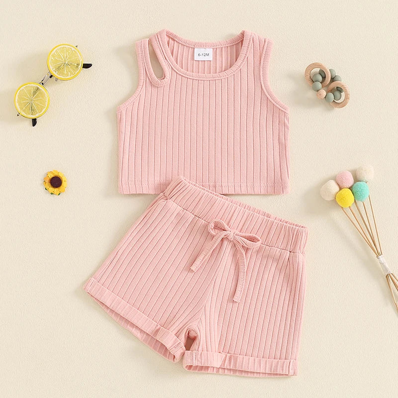 Baby Toddler Girls 2Pcs Ribbed Tank Top Elastic Waistband Drawstring Shorts Matching Outfit Set