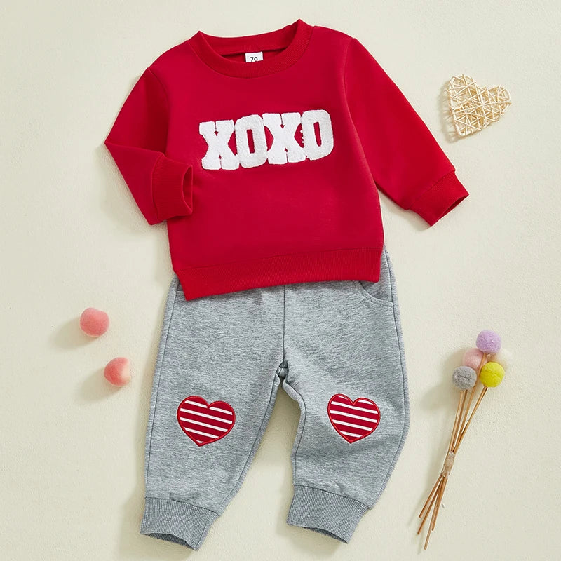 Baby Toddler Boys Girls 2Pcs Valentine's Day Jogger Set Long Sleeve Crew Neck XOXO Embroidery Letters Crewneck Top with Heart Knee Pants Outfit