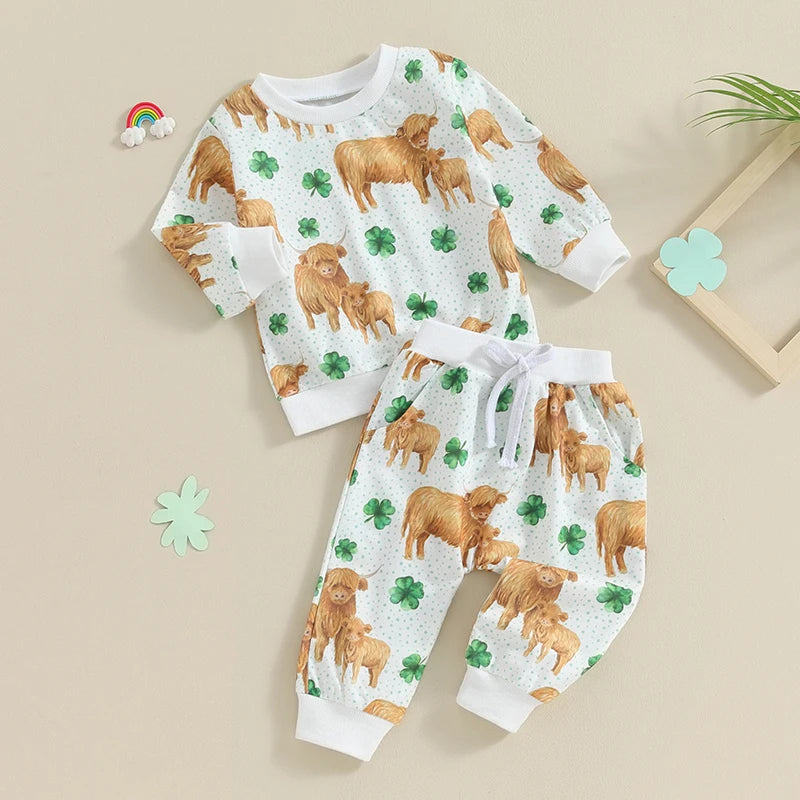 Toddler Baby Girl Boy 2Pcs St. Patrick's Day Outfits Long Sleeve Top Four Leaf Clover Shamrock Cow Print with Pants Set