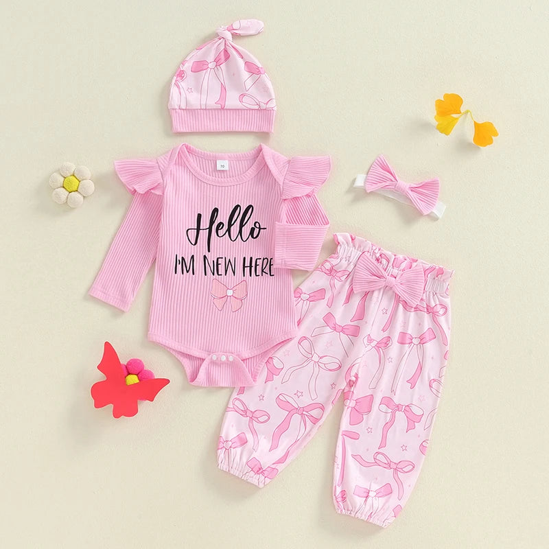 Baby Girls 4Pcs Hello I'm New Here Outfit Letter Long Sleeve Romper with Bow / Butterfly Pattern Pants and Headband Hat Set