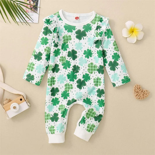 Baby Toddler Girl St. Patrick's Day Outfits Shamrock Clover Print Ruffle Romper Lucky Charm Jumpsuit