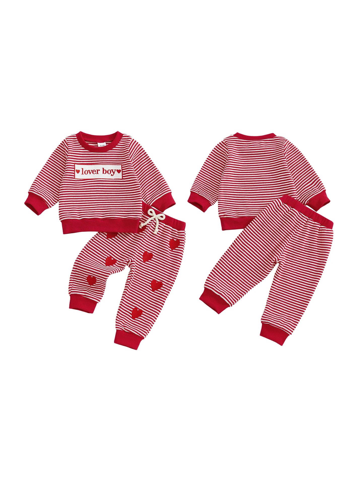 Baby Toddler Boy 2Pcs Lover Boy Valentines Day Outfit Stripe Letter Embroidery Crew Neck Long Sleeve Top and Heart Pants 2 Pcs Jogger Set