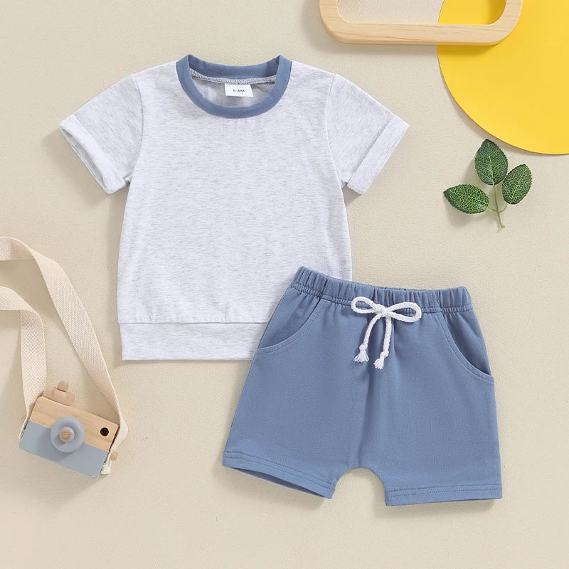 Baby Toddler Boys 2Pcs Summer Outfit Patchwork Round Neck Short Sleeve Top Elastic Waist Shorts Clothes Set