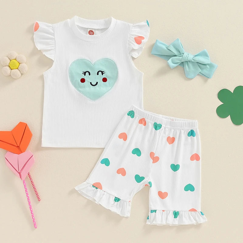 Baby Toddler Girls 3Pcs Summer Outfit Heart Patch Fly Sleeve Ribbed Top Heart Print Ruffle Shorts Headband Set