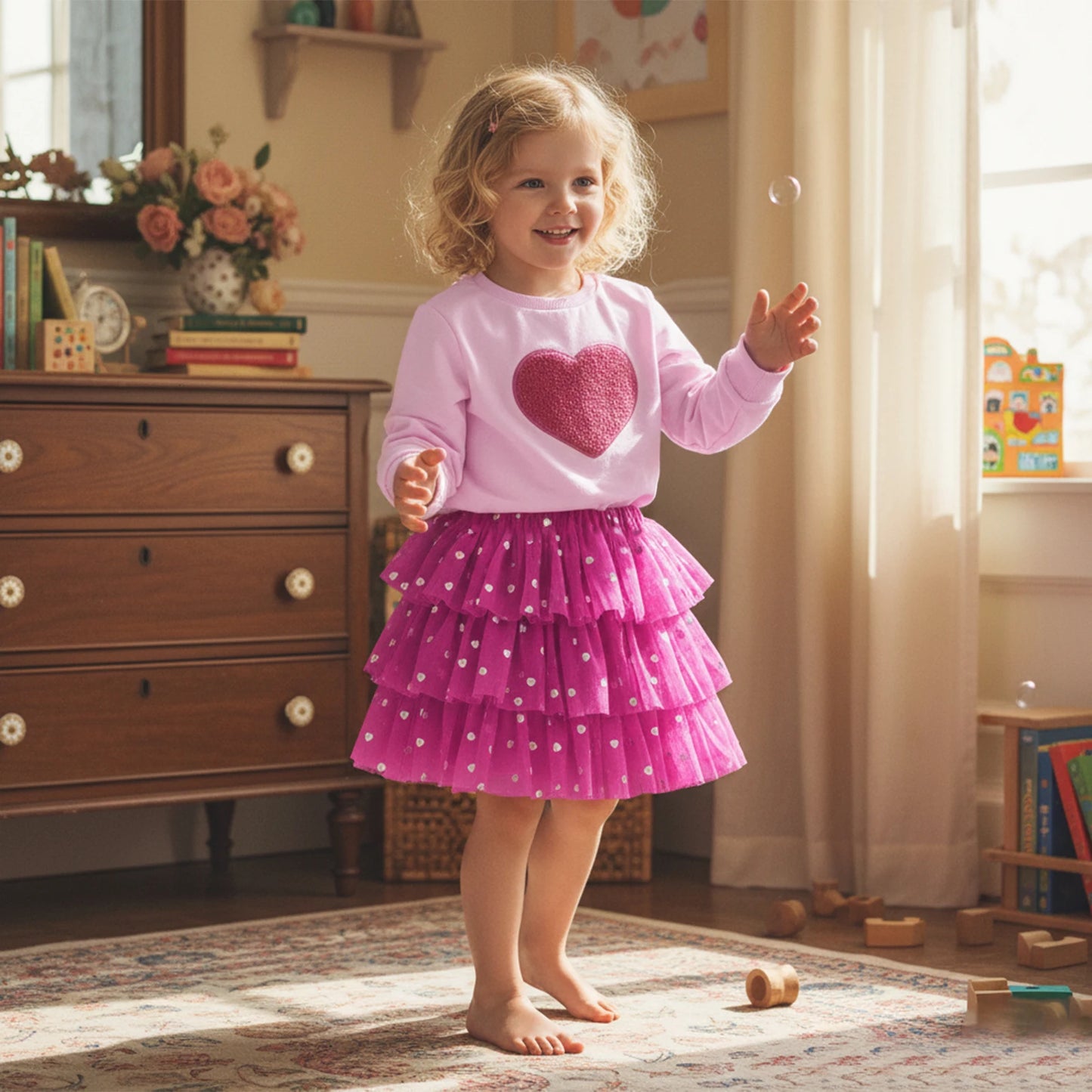 Baby Toddler Girls 2Pcs Outfit Long Sleeve Crew Neck Heart Embroidery Top and Tiered Tulle Skirt Set