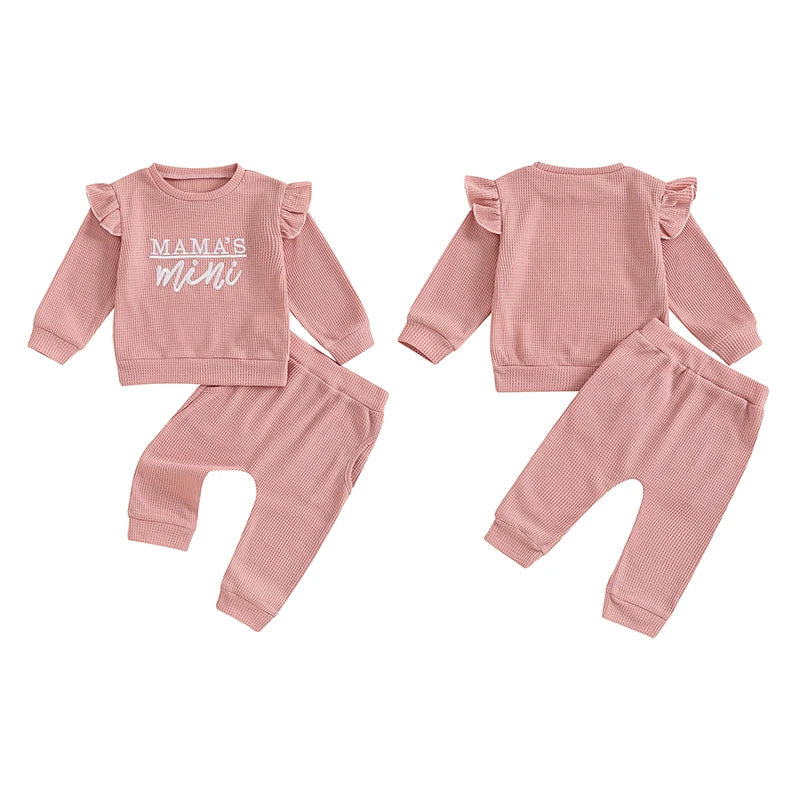 Baby Toddler Girls 2Pcs Set Mama's Mini Letter Embroidered Long Sleeve Ruffled Top Elastic Waist Pockets Long Pants Outfit