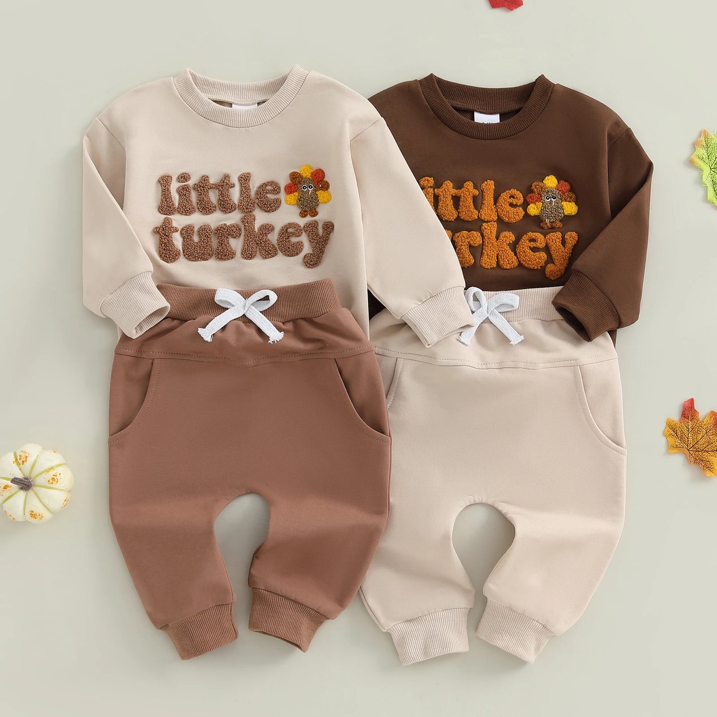Baby Toddler Boy 2Pcs Little Turkey Thanksgiving Outfit Letter Turkey Embroidery Long Sleeve O-Neck Pullover + Elastic Waist Solid Pants Jogger Set