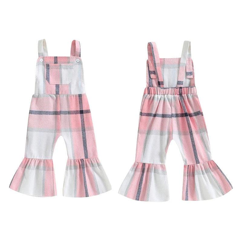 Baby Toddler Girls Plaid Overalls Casual Square Neck Sleeveless Bell Bottom Jumpsuit Romper