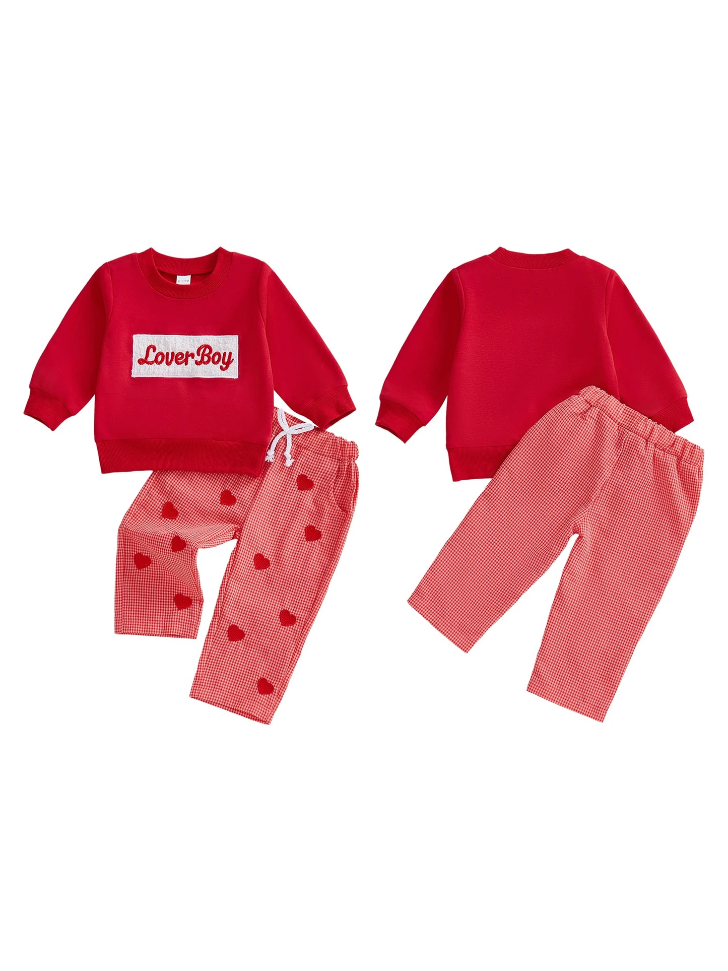 Baby Toddler Boys 2Pcs Lover Boy Valentine's Day Outfit Fashionable Long Sleeve Letters Embroidery Pullover with Plaid Heart Print Pants 2Pcs Clothing Set