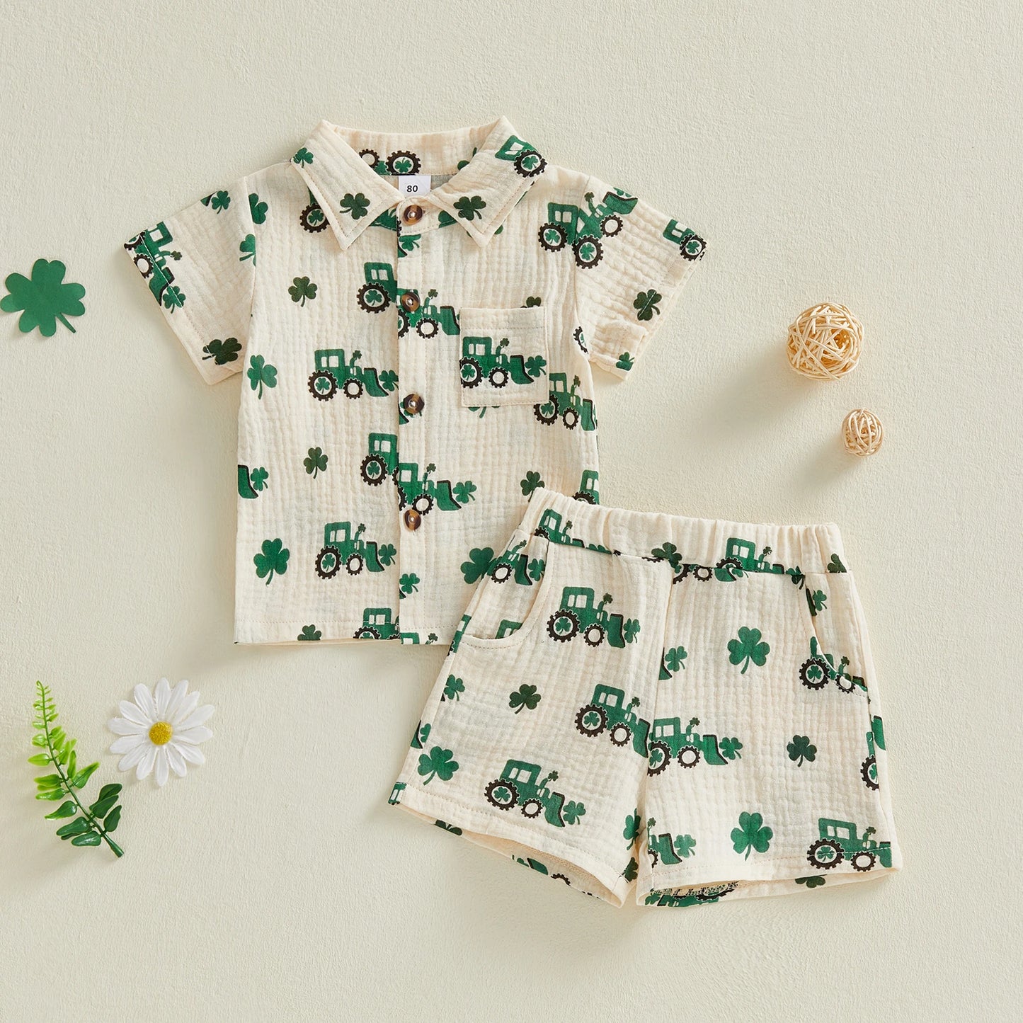 Baby Toddler Boy 2Pcs St. Patrick's Day Outfits Clover Truck Print Short Sleeve Lapel Button Down Shirt and Shorts Spring Set