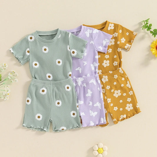 Toddler Baby Girl 2Pcs Spring Summer Flower Butterfly Print Clothes Ruffle Ribbed Short Sleeve Tops + Matching Shorts Outfit Set