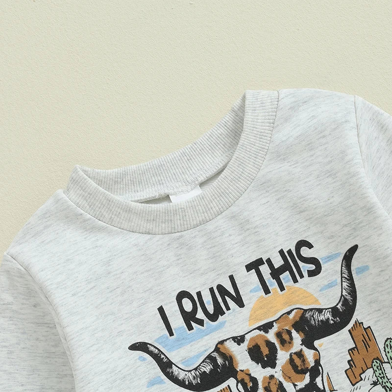 Baby Toddler Boys 2Pcs I Run The Rodeo Cowboy Clothes Set Long Sleeve Crew Neck Letters Western Cow Print Top with Elastic Waist Pants Set