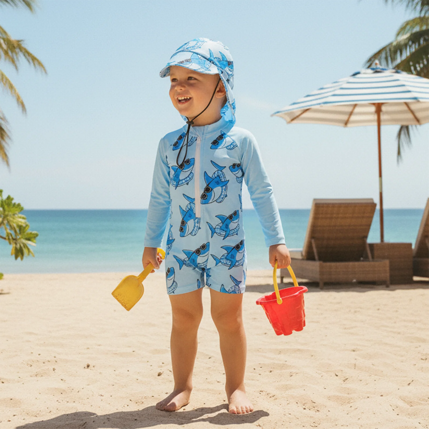 Baby Toddler Boys 2Pcs Rash Guard Swimsuit Shark Print Long Sleeve Zip Up Bathing Suit with Sun Cap Hat Set