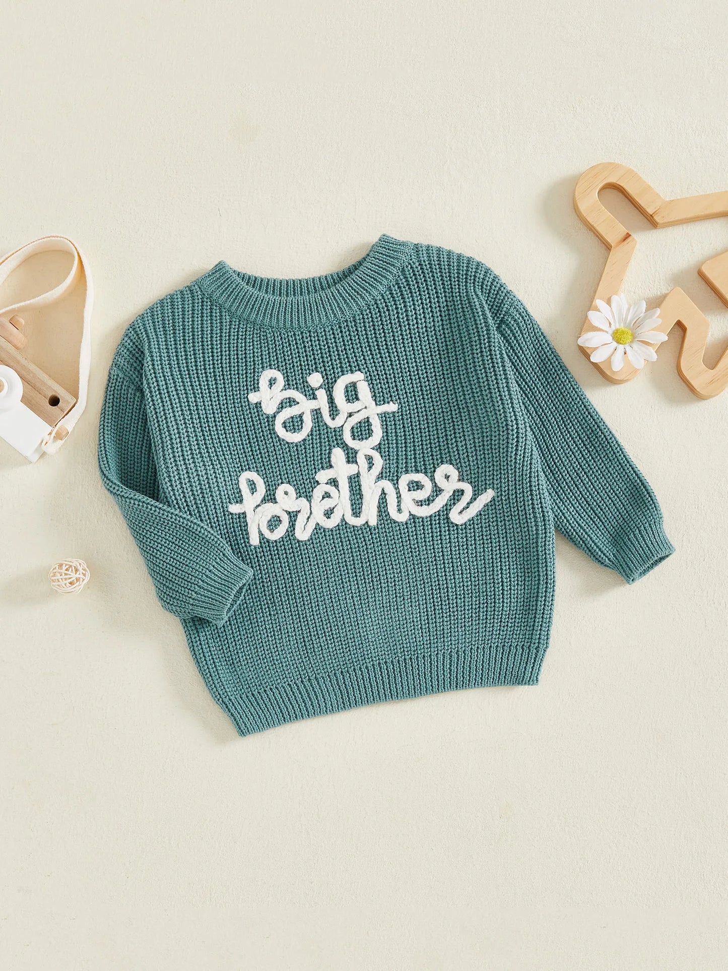 Toddler Boy Big Brother Fall Sweater Letter Embroidered Crewneck Long Sleeve Pullover Chunky Knit Tops