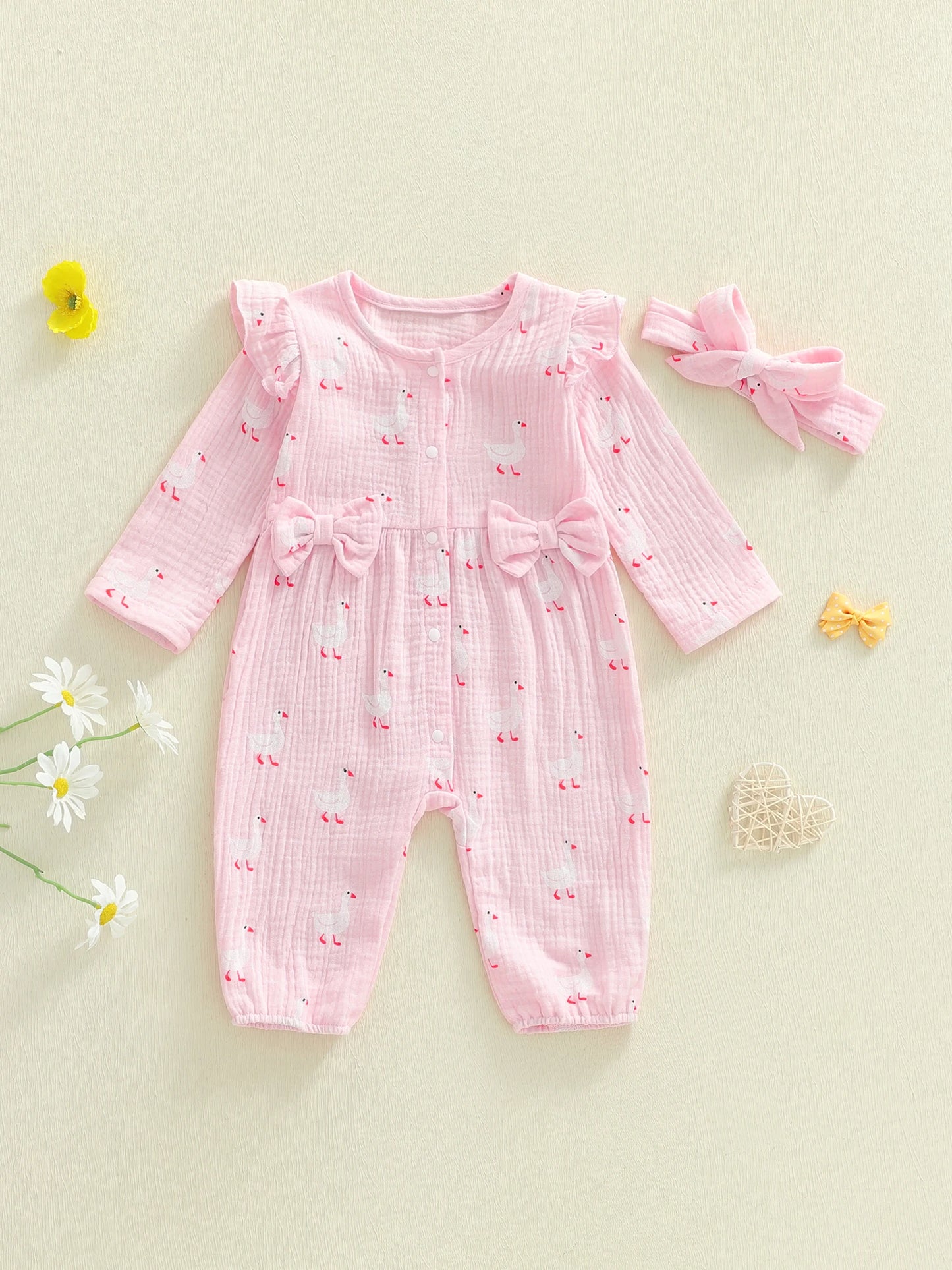 Baby Girl 2Pcs Outfit Duck Bow Ruffle Long Sleeve Romper and Headband 2 Piece Set