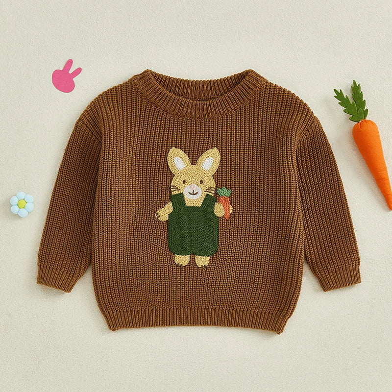 Baby Toddler Kids Girls Boys Pullover Sweater Casual Long Sleeve Easter Bunny Rabbit Embroidery Knitwear Knit Top