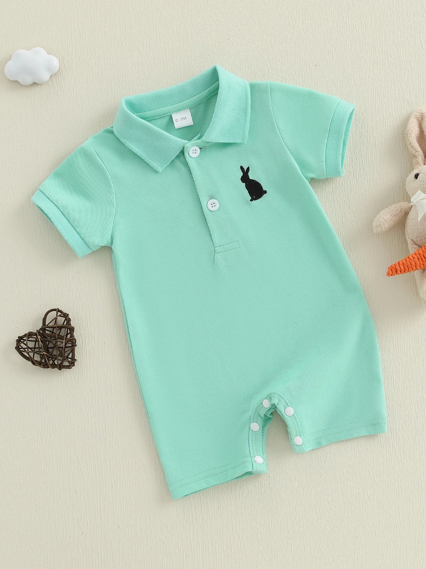 Baby Boys Easter Romper Spring Short Sleeve Lapel Collar Bunny Rabbit Embroidery Jumpsuit Playsuit