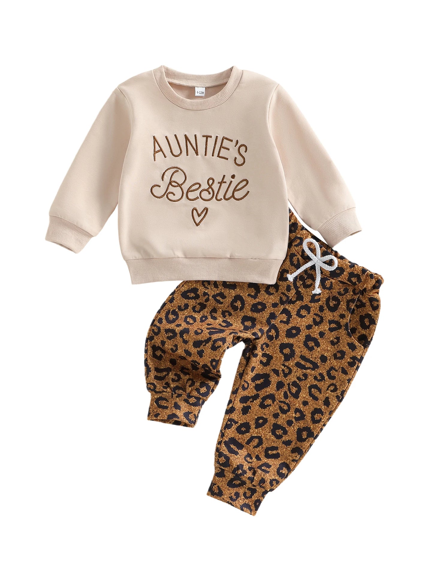 Baby Toddler Girls 2Pcs Auntie's Bestie Spring Outfit Letter Embroidery Long Sleeve Round Neck Pullover Top + Leopard Pants Jogger Set