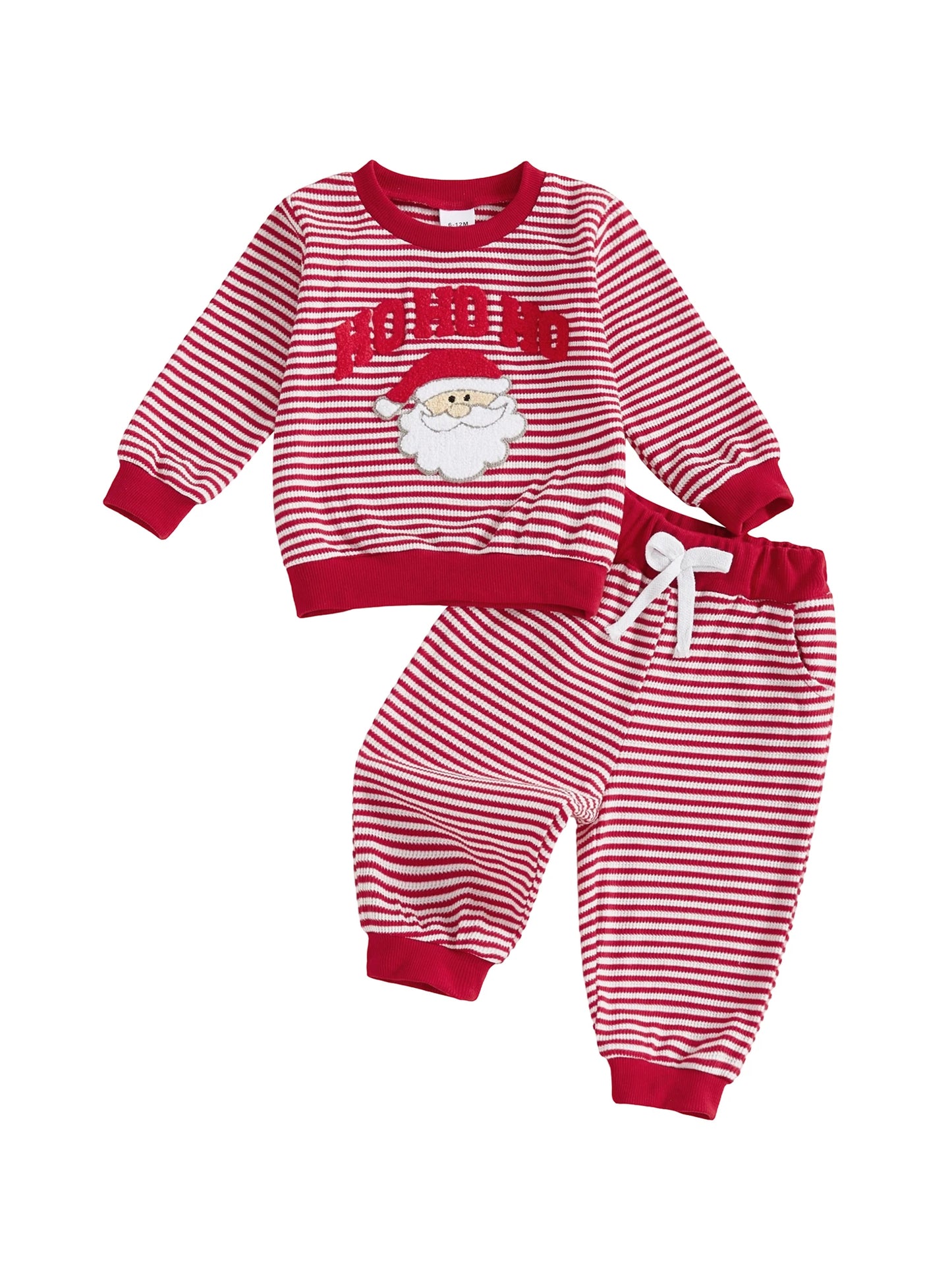 Baby Toddler Boys Girls 2Pcs Ho Ho Ho Christmas Striped Jogger Set Fashionable Long Sleeve Santa Claus Embroidery Pullover Top with Pants 2 Pcs Outfit