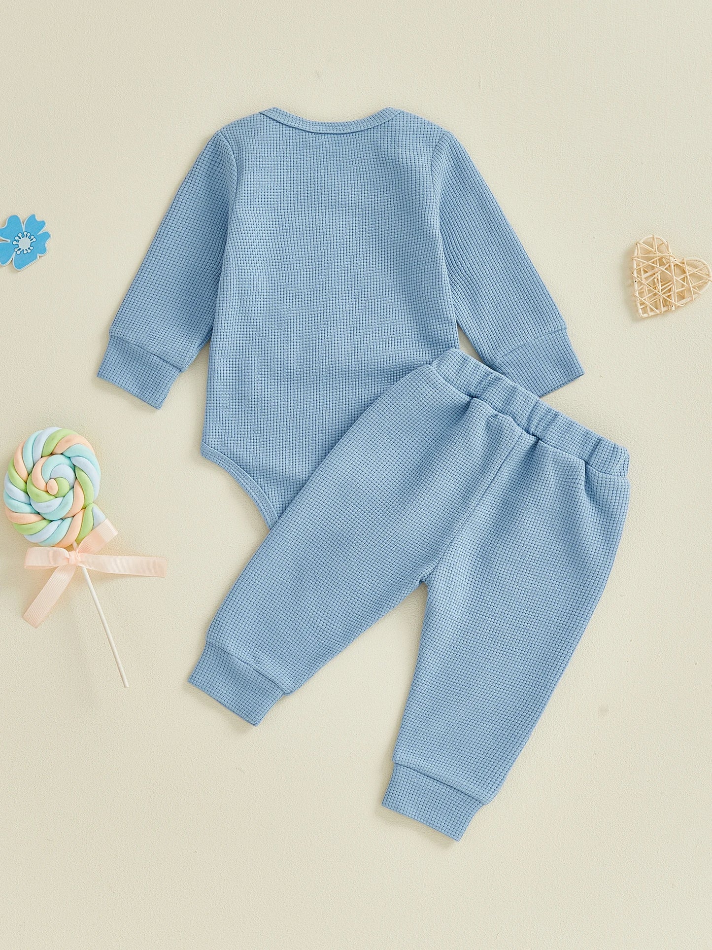 Baby Boy 2Pcs Lil Bro Outfit Waffle Letter Embroidered Ribbed Crew Neck Long Sleeve Romper and Jogger Pants 2 Pcs Set