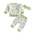 Baby Toddler Girls 3Pcs St. Patrick's Day Outfit Bow Four Leaf Clover Shamrock Print Crew Neck Long Sleeve Top Long Pants Headband Jogger Set