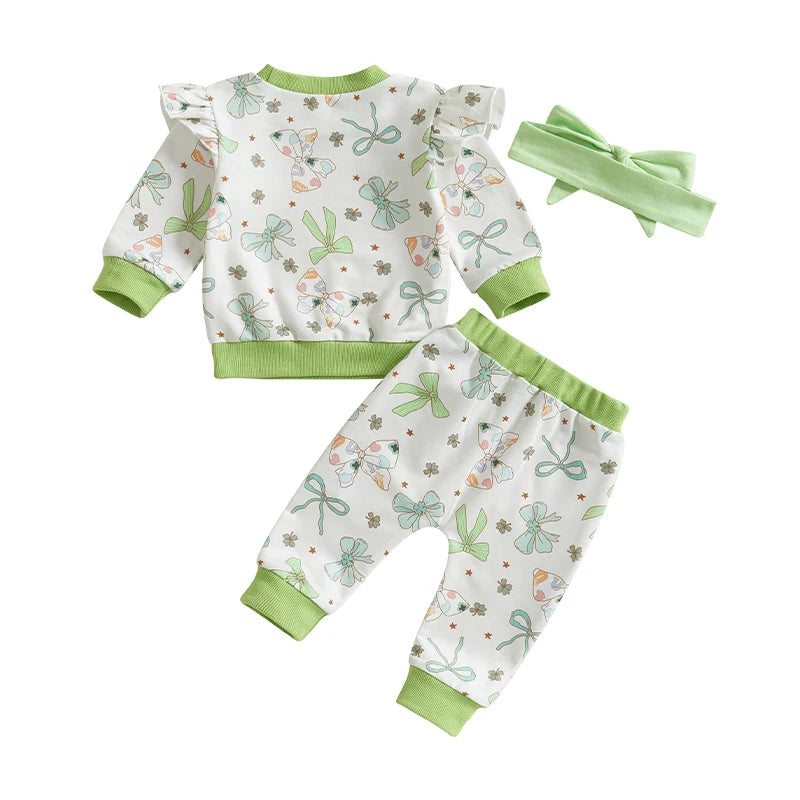 Baby Toddler Girls 3Pcs St. Patrick's Day Outfit Bow Four Leaf Clover Shamrock Print Crew Neck Long Sleeve Top Long Pants Headband Jogger Set