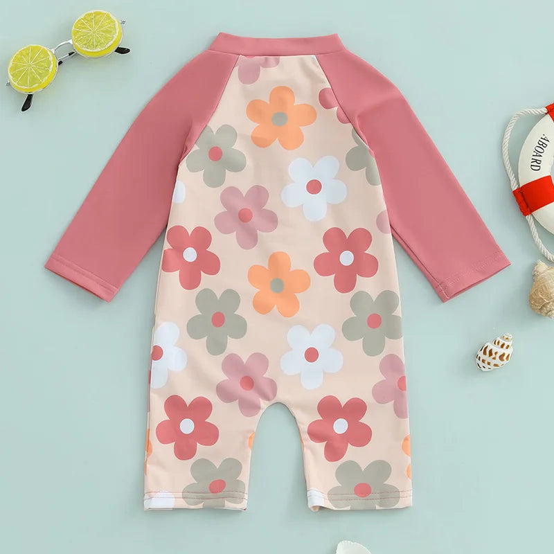 Baby Toddler Boys Girls Rash Guard Swimwear Animal/Floral/Tree Print Long Sleeve Mock Neck Zip Bathing Suit