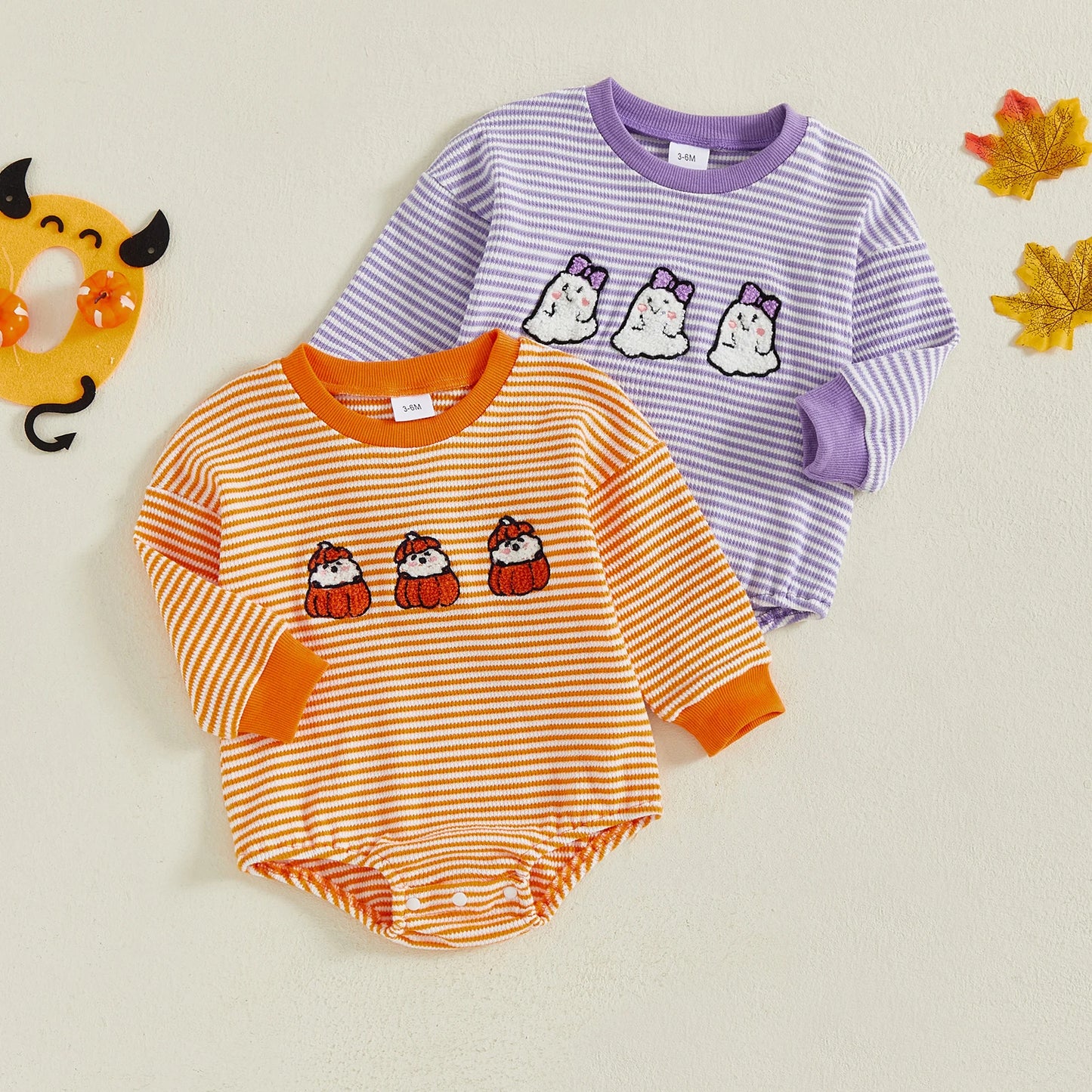 Baby Girls Boys Halloween Striped Romper Pumpkin/Ghost Embroidery Long Sleeve Jumpsuit