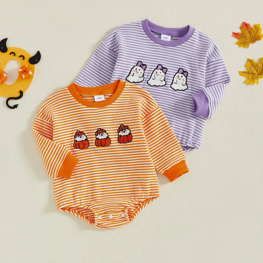 Baby Girls Boys Halloween Striped Romper Pumpkin/Ghost Embroidery Long Sleeve Jumpsuit