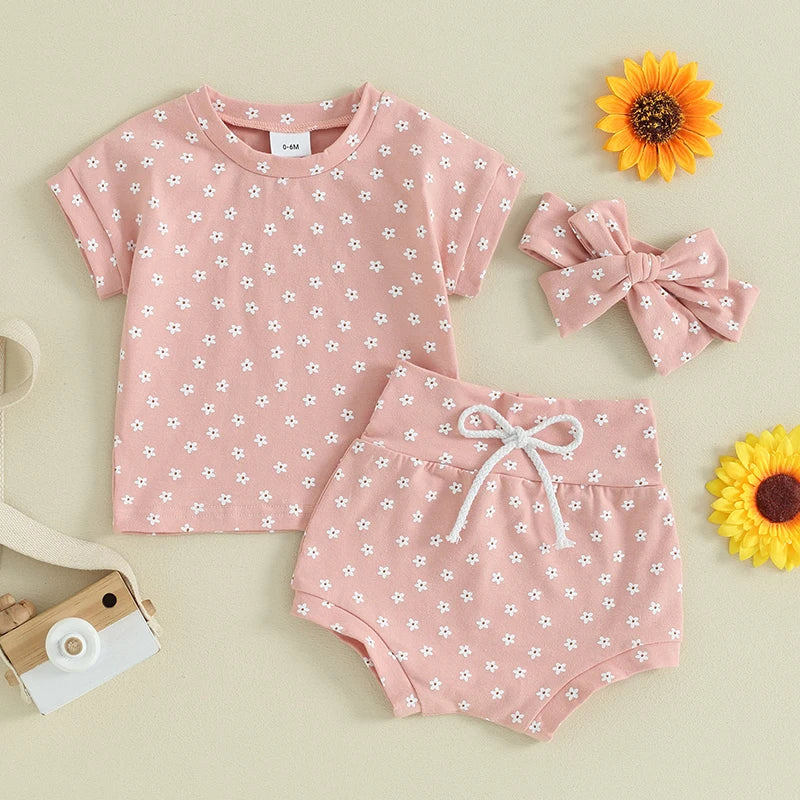 Baby Toddler Girl 3Pcs Clothing Sets Cotton Floral Flowers Print Short Sleeve Pullover Top + High Waist Shorts + Headband