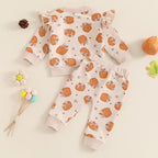 Baby Toddler Girl 2Pcs Halloween Outfit Pumpkin Print Long Sleeve Top with Elastic Waist Pants Set