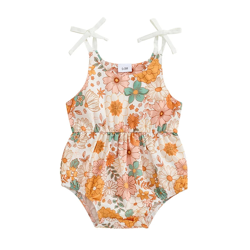 Baby Girls Summer Romper Flower/Butterfly Print Bow Tie Strap Tank Top Sleeveless Round Neck Jumpsuit