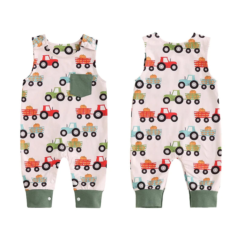 Baby Boys Jumpsuit Sleeveless Crew Neck Pocket Pumpkin Tractor Print Romper Halloween Jumpsuit