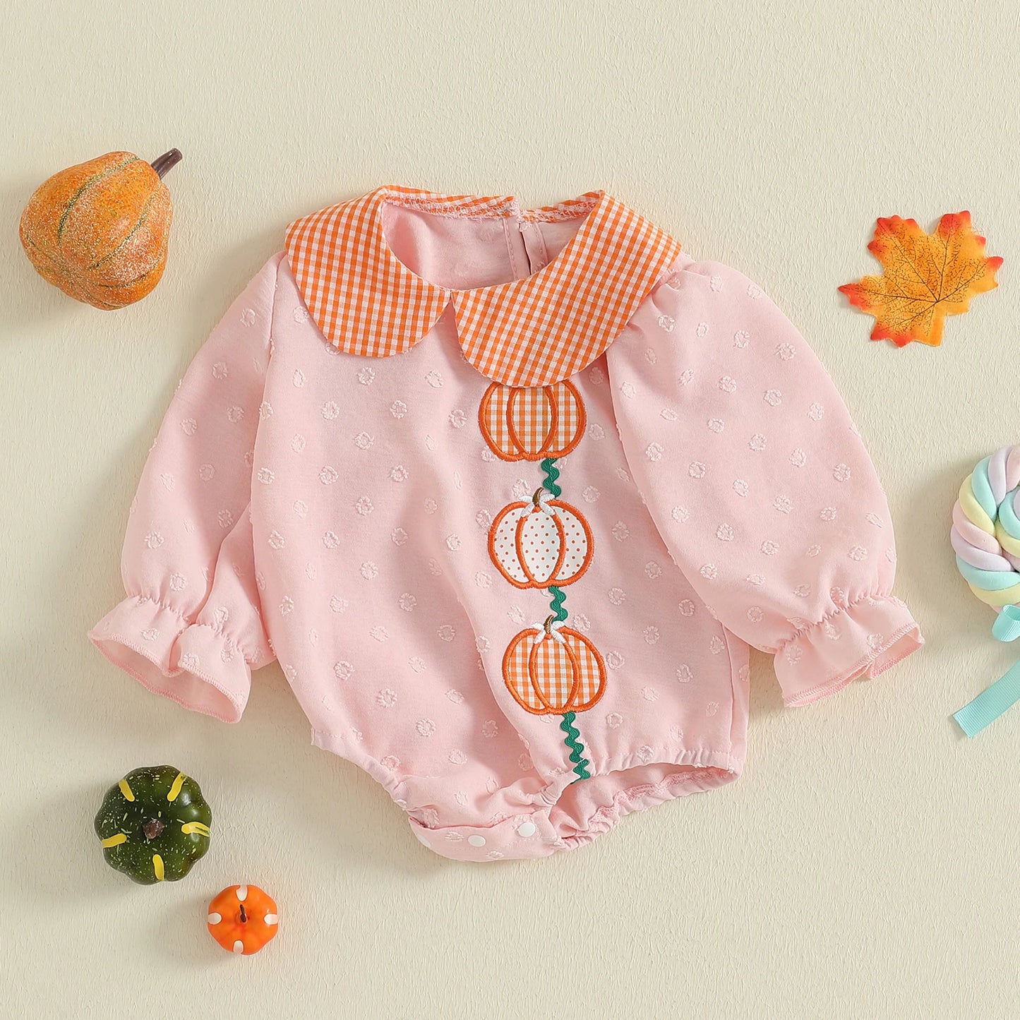 Baby Girl Thanksgiving Bodysuit Long Sleeve Doll Collar Pumpkin Embroidery Romper Fall Playsuit