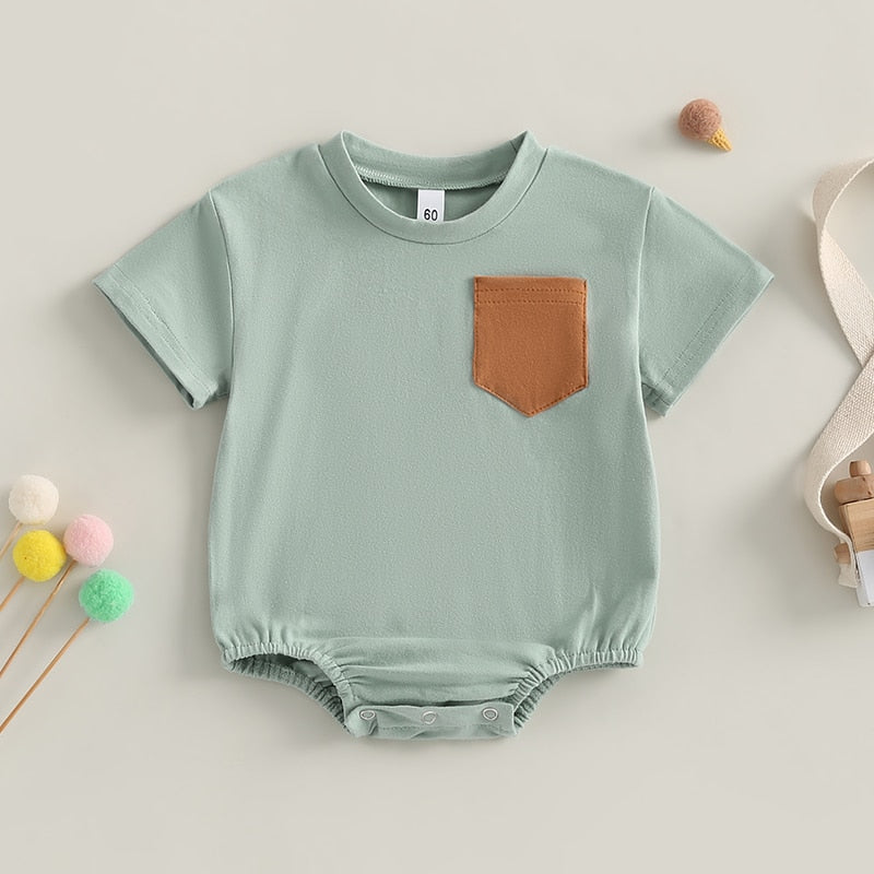 Infant Baby Boy Girl Summer Bodysuit Solid Short Short Sleeve Jumpsuit with Pocket Outfit Bubble Romper