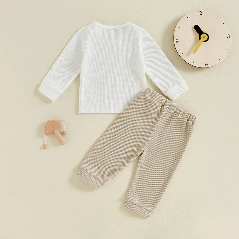 Baby Toddler Boy 2Pcs Outfit Long Sleeve Waffle Pocket Button Top + Pants Set