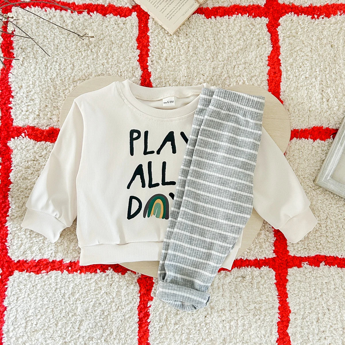 Baby Toddler Boys Girls 2Pcs Play All Day Words Letters Rainbow Print Pullover Top + Striped Pants Outfit Set