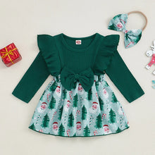 Load image into Gallery viewer, Baby Girls 2Pcs Romper Dress Santa Tree Print Skirt Hem Round Neck Long Sleeve Christmas Bodysuit with Headband Set Outfit
