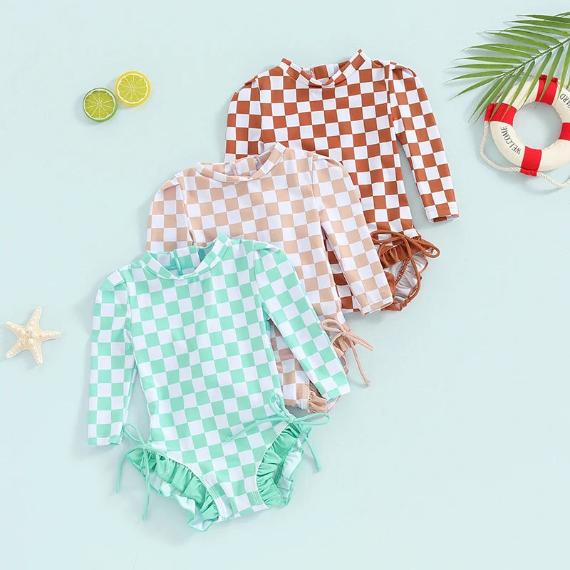 Baby Toddler Girls Beach Swimwear Long Sleeve Checkerboard Plaid Print Ruffle Romper Bathing Suit