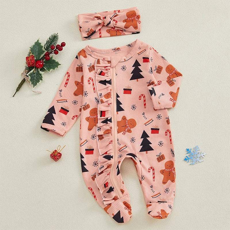 Girls Boys Christmas Jumpsuit Long Sleeve Christmas Tree Gingerbread Candy Cane Print Zipper Waffle Romper with Hat or Bow Headband