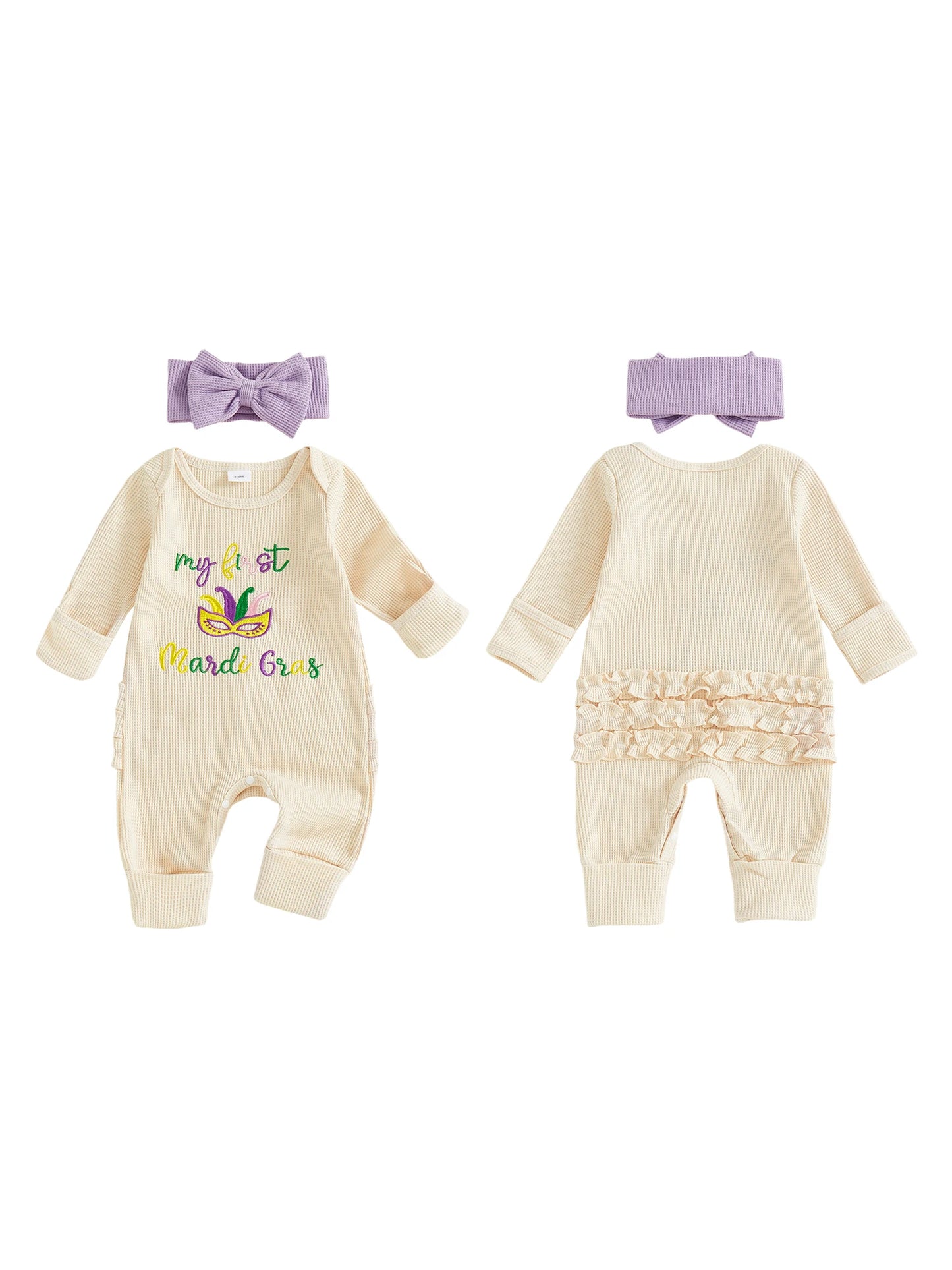 Baby Girl 2Pcs My First Mardi Gras Romper Letter Embroidery Full Length Long Sleeve Crew Neck Bodysuit Bow Headband Set
