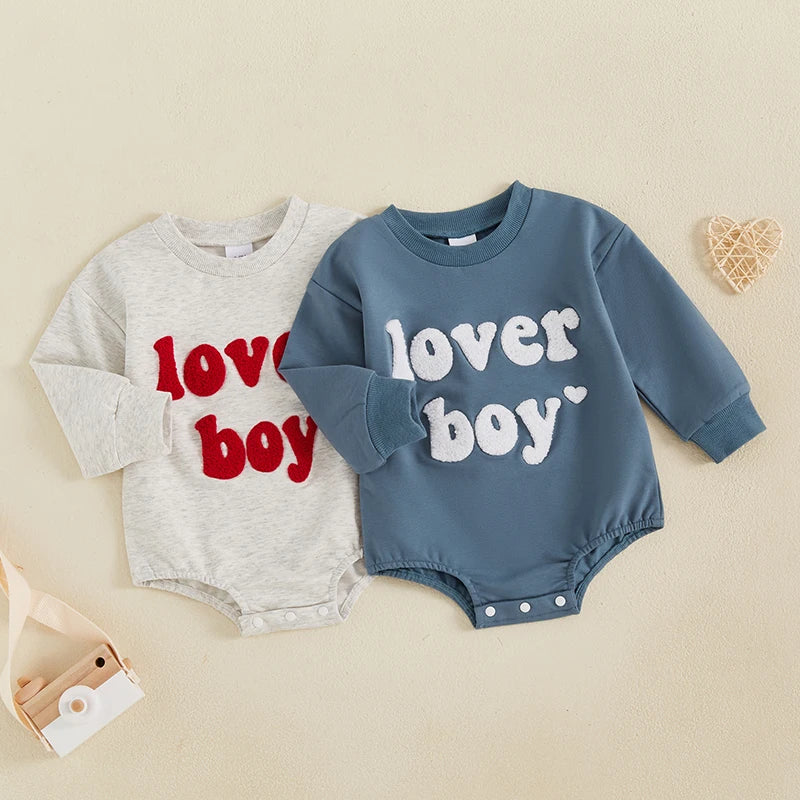 Baby Boys Lover Boy Valentine's Day Bubble Romper Long Sleeve O-Neck Embroidery Letters Valentines Bodysuit