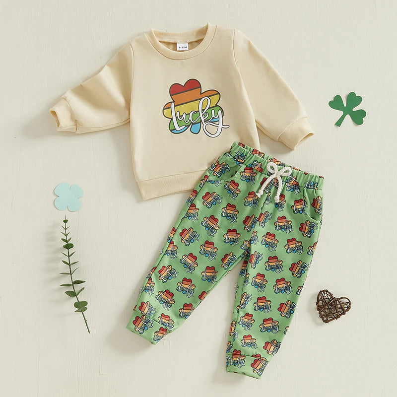 Baby Toddler Boys 2Pcs St. Patrick's Day Outfit Long Sleeve Lucky Rainbow Shamrock Print Crewneck Top + Pants Jogger Set