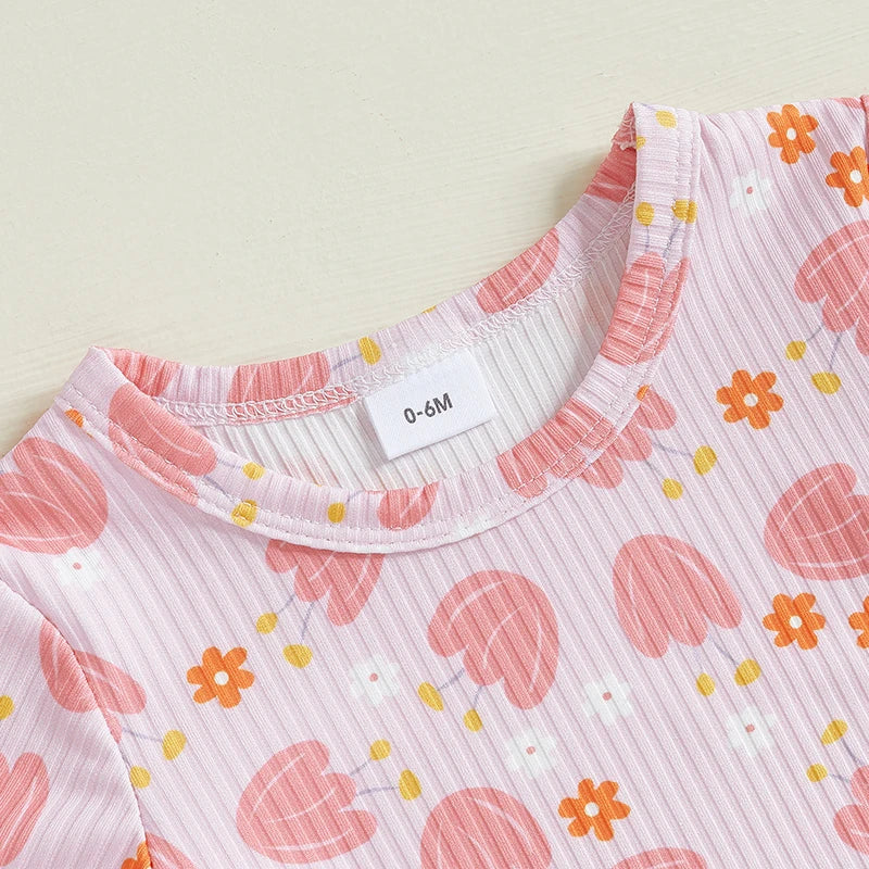 Baby Toddler Girls 2Pcs Ribbed Shorts Set Bow Heart Print Short Sleeve Round Neck Top Elastic Waistband Shorts