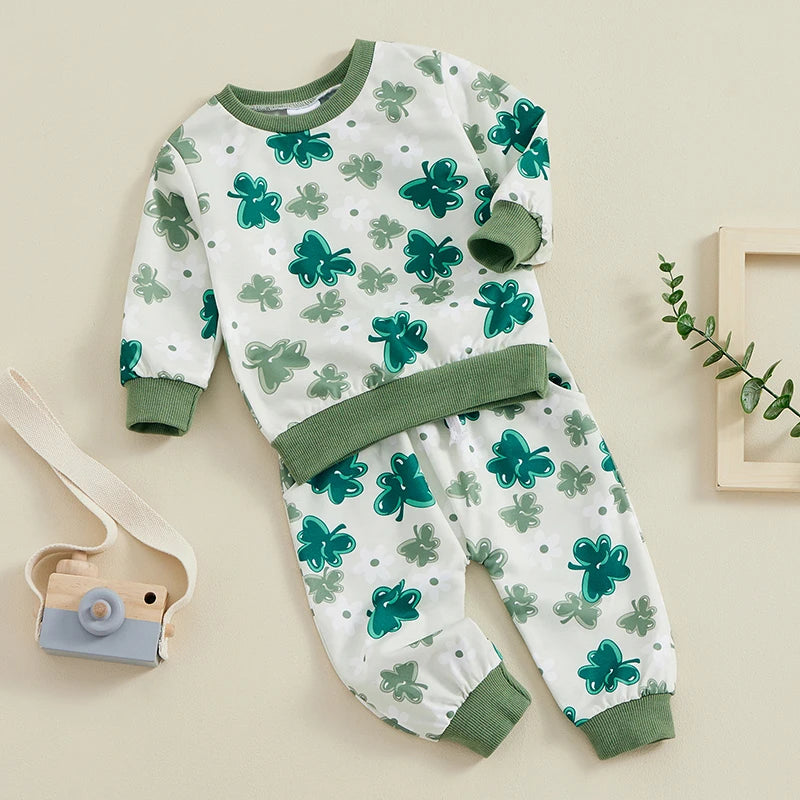 Baby Toddler Girls Boys 2Pcs St. Patrick's Day Outfits Shamrock Print Long Sleeve Top and Long Pants Set