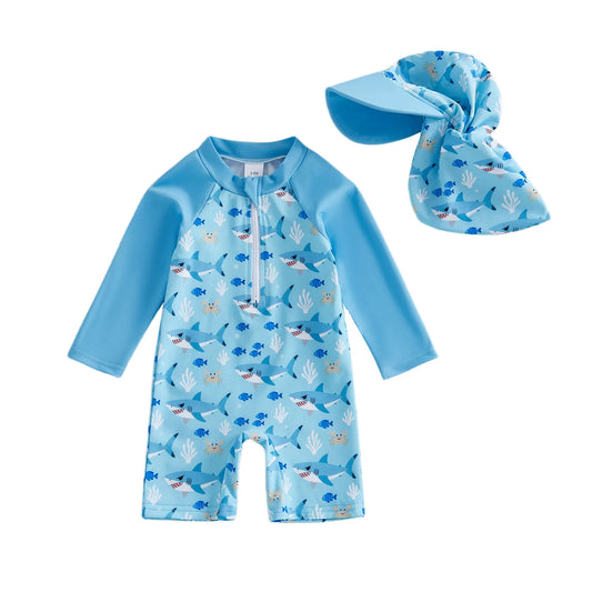 Baby Toddler Boy 2Pcs Rash Guard Swimsuit Shark Duck Print Long Sleeve Zip Up Bathing Suit with Sun Cap Hat Set